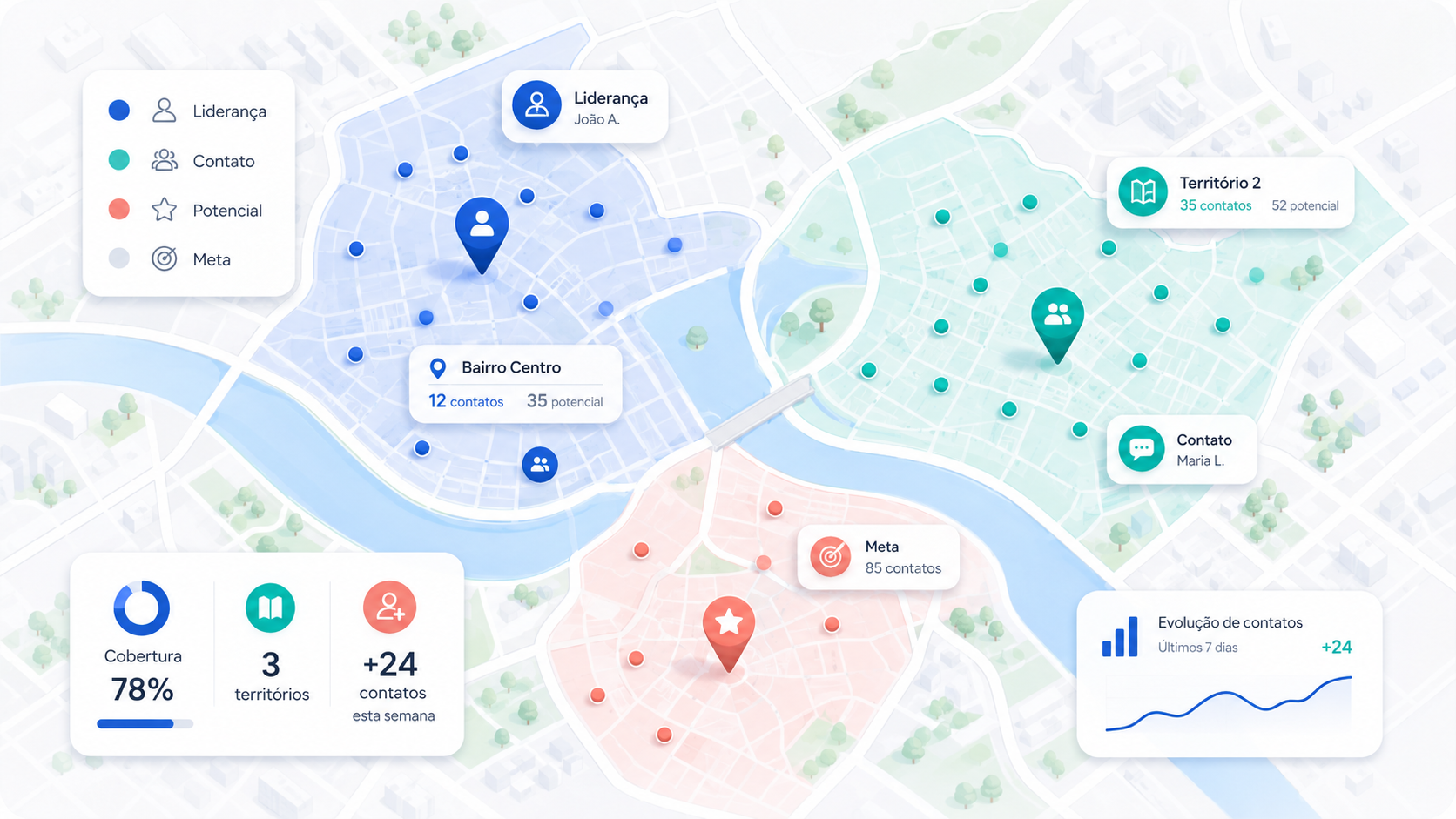 Mapa da Vitória: contatos, lideranças e territórios de campanha visualizados no mapa